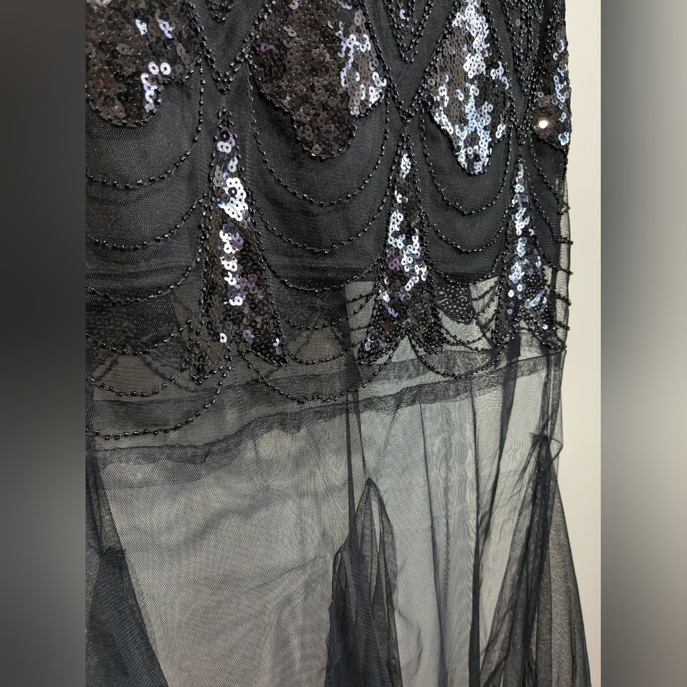 Vintage Embellished Beaded Mesh Tulle Sequin Flapper Gatsby Gown Dress L - Picture 7 of 10
